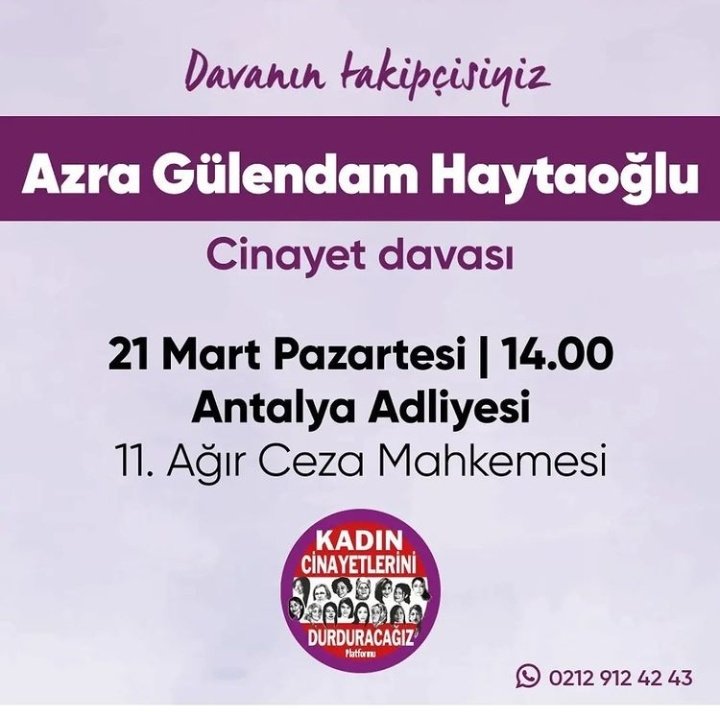 Adım Azra Gülendam 
Bir cani beni, hayallerimi,ailemi yarım bıraktı.
Benim için SUSMA ! 
21 Martta Azra'nın Davası Var sessiz kalmıyoruz..
#AzraGülendamHaytaoğlu 
#AzraGulendamDavası