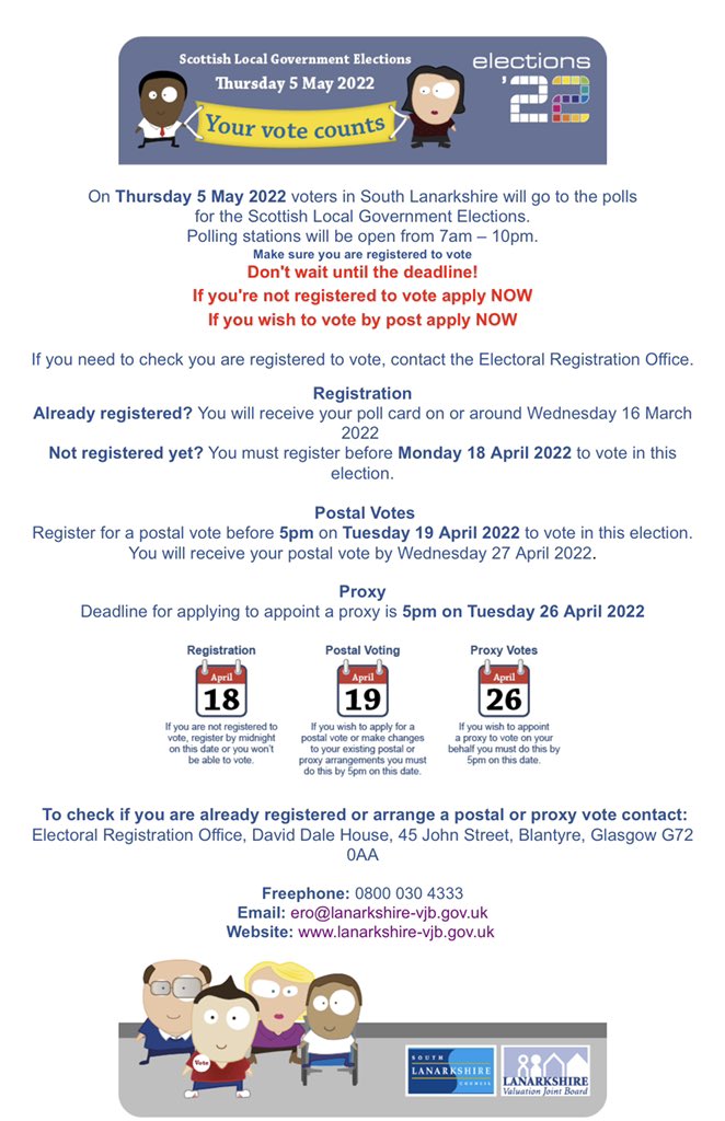 ✨Young people, your vote counts✨

Information about voting in the Scottish Local Government Elections (below)! It is important that you make sure you are registered to vote and that you vote when the time comes!  <a href="/EastUniversal/">East Kilbride Universal Connections YFCL</a> <a href="/UCHamilton/">Hamilton Universal Connections</a> <a href="/RutherglenUC/">Rutherglen Universal Connections</a>  <a href="/SouthLanCouncil/">South Lanarkshire Council</a>