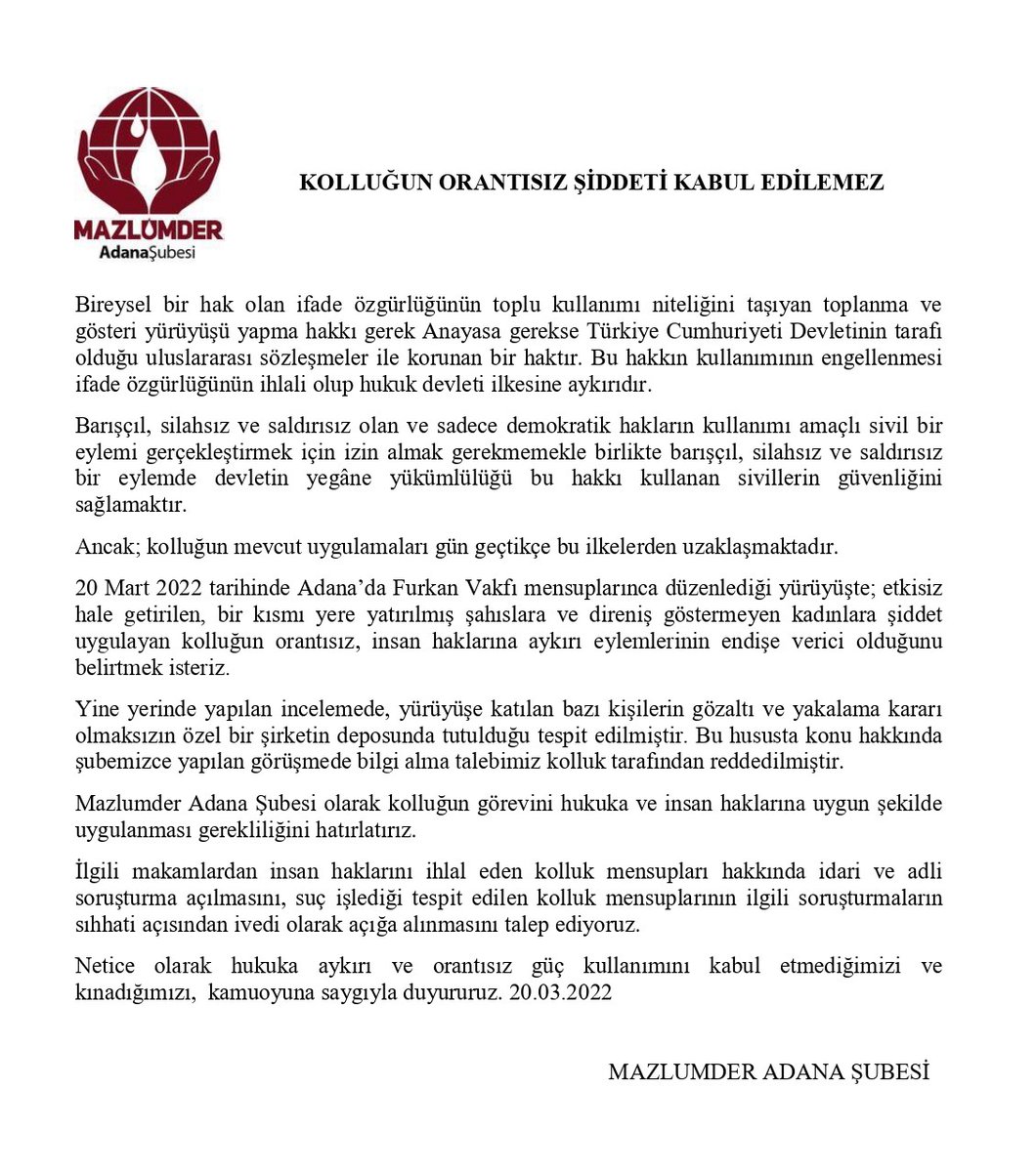mazlumderadana's tweet photo. KOLLUĞUN ORANTISIZ ŞİDDETİ KABUL EDİLEMEZ. https://t.co/FOd1vLYlKo