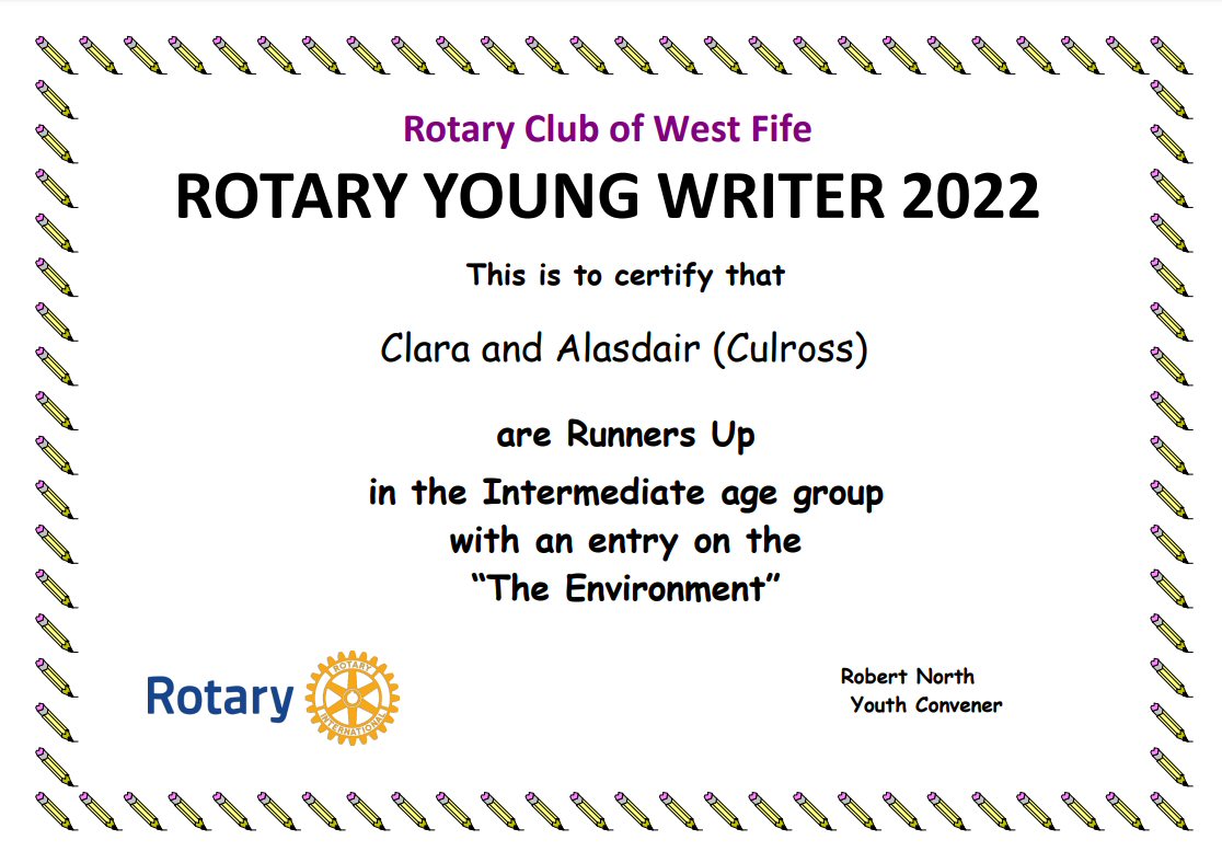 WestFifeRotary's tweet photo. 2022 Rotary Club of #WestFife
Young Writer of the Year
Intermediate Category on the theme – “The Environment”
Well done to 
Runners Up: Clara C &amp; Alasdair W (Culross Primary School) joint entry
Runners Up: Shiloh-Joy (@CarnockPS )
#rotaryyoungwriter @rotaryscotland https://t.co/x61J8ZcsSz