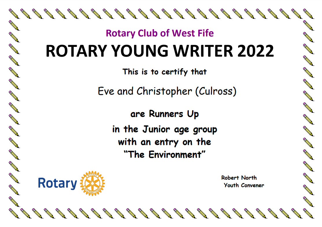 WestFifeRotary's tweet photo. 2022 Rotary Club of #WestFife
Young Writer of the Year
Junior Category on the "The Environment”.
Congratulations to 
Runners Up: Lily W (@CarnockPS )
Runners Up: Eve S &amp; Christopher E (Culross Primary School) joint entry
#rotaryyoungwriter Rotary in Scotland #WestFife https://t.co/DjxG5pItf1