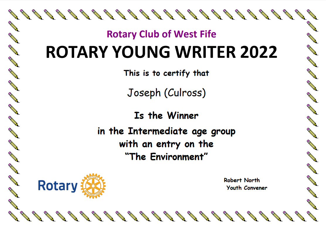 WestFifeRotary's tweet photo. 2022 Rotary Club of #WestFife
Young Writer of the Year
Intermediate Category on the theme – “The Environment”
Congratulations to our winner who goes through to the District competition 
Winner: Joseph J (Culross Primary School)
#rotaryyoungwriter @rotaryscotland https://t.co/AZP7i1ffkF