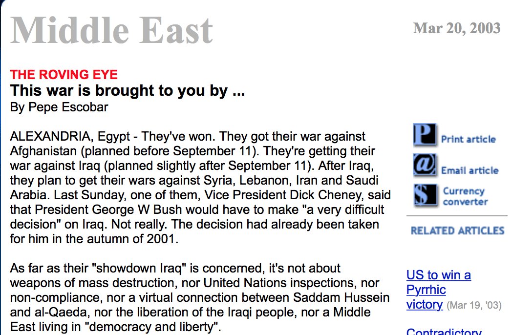 RealPepeEscobar's tweet photo. Iraq. 19 years ago. 

This is how I offered the context for Shock and Awe.    Naming all neocon names.  

Original link: 

https://t.co/cPxfga7bsU https://t.co/LG1uSKOLEA