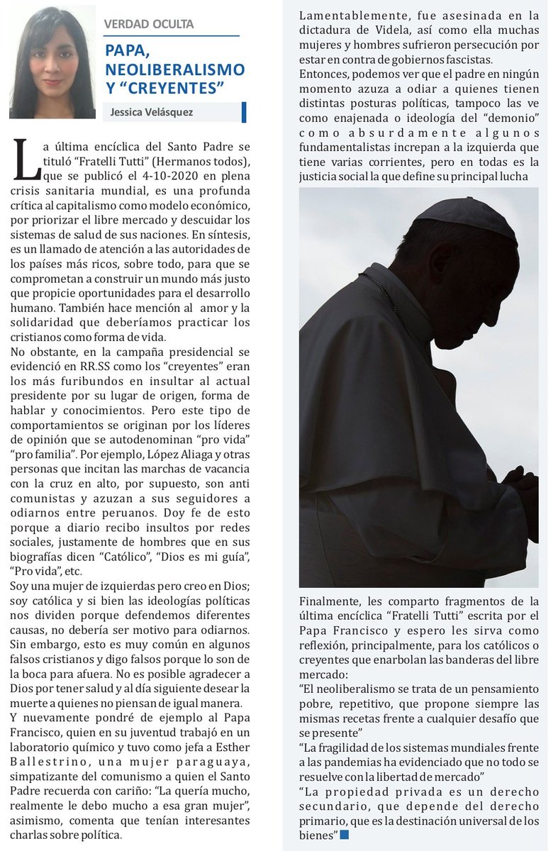 palestinalibr3's tweet photo. Mi columna de hoy en @ContraPoder2021 por @ExpresoPeru 
Sobre la hipocresía de algunos "creyentes" y lo que opina el Papa sobre el capitalismo. 

Gracias por el RT. https://t.co/g5AxXhZdgh