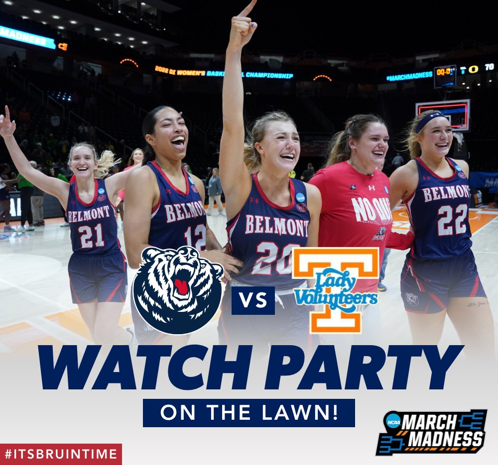 BelmontUniv's tweet photo. HEY BRUINS - do you have a plan tomorrow night? 👀 

Come cheer on @Belmontwbb at our Watch Party on The Lawn as the Bruins take on the Tennessee Volunteers on ESPN tomorrow at 6 PM 🏀 
 
Festivities will kick off at 4 PM! #itsBRUINtime https://t.co/jIIVWEmaYk