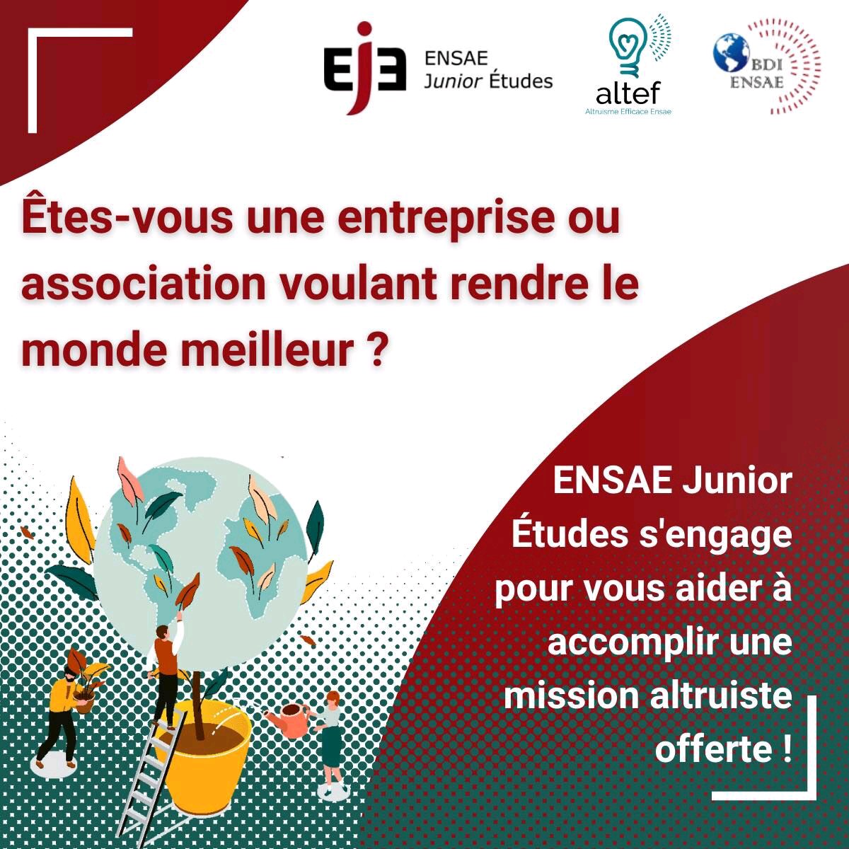 ENSAE Junior Études (@eje_ensae) on Twitter photo 🔴⚫️ ENSAE Junior Études offre une mission pour soutenir une entreprise ou association menant un projet altruiste. Vous en menez un et avez besoin de compétences en data science, économie ou sociologie ?
Contactez-nous ! 
#EJE22 #WeAreJE #RSE 🔴⚫️ ENSAE Junior Études offre une mission pour soutenir une entreprise ou association menant un projet altruiste. Vous en menez un et avez besoin de compétences en data science, économie ou sociologie ?
Contactez-nous ! 
#EJE22 #WeAreJE #RSE