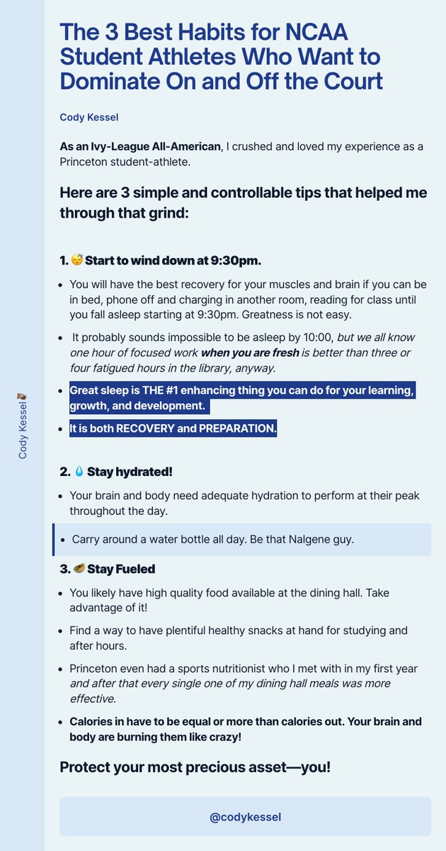 codykessel's tweet photo. The 3 Best Habits for NCAA Student Athletes Who Want to Dominate On and Off the Court

Protect the #1 Asset: Yourself

#ship30for30 #studentathlete #ivyleague #studentathletetips https://t.co/EhzrRtrPFh