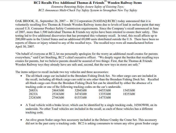 Tangent_Thomas's tweet photo. September 26, 2007 RC2 press release for the second wave of Thomas Wooden Railway lead paint recalls, detailing tracking codes for recalled products and steps taken to prevent future incidents. https://t.co/TT7AMMhySM
