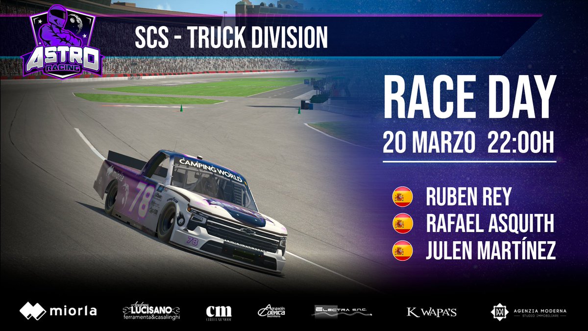 ¡DIA DE CARRERAS! 🏁

Nueva fecha en la Truck Division, hoy tendremos mas pilotos con nuestros colores en pista ¡Mucha suerte!

📌 Atlanta, 🇺🇸
👤 <a href="/CristianPz89/">Cristian Pérez</a> <a href="/rafaelasquith/">Rafael Asquith</a> @Julen_023 
⏰ 22:00H 🇪🇦 | 18:00H 🇦🇷/🇨🇱 | 15:00H 🇲🇽
📺 twitch.tv/driversparadec…

#WeAreAstro 👽