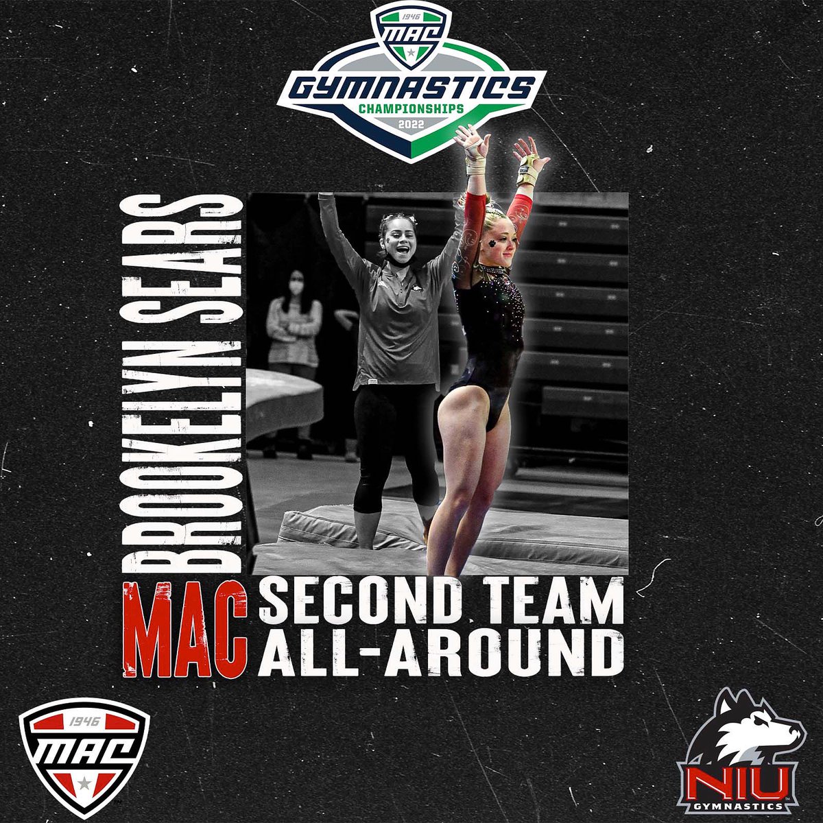 Niugymnastics's tweet image. With an All-Around score of 39.175 Brookelyn Sears placed second overall amongst all gymnast at the MAC championship! #PackAttack 🐾