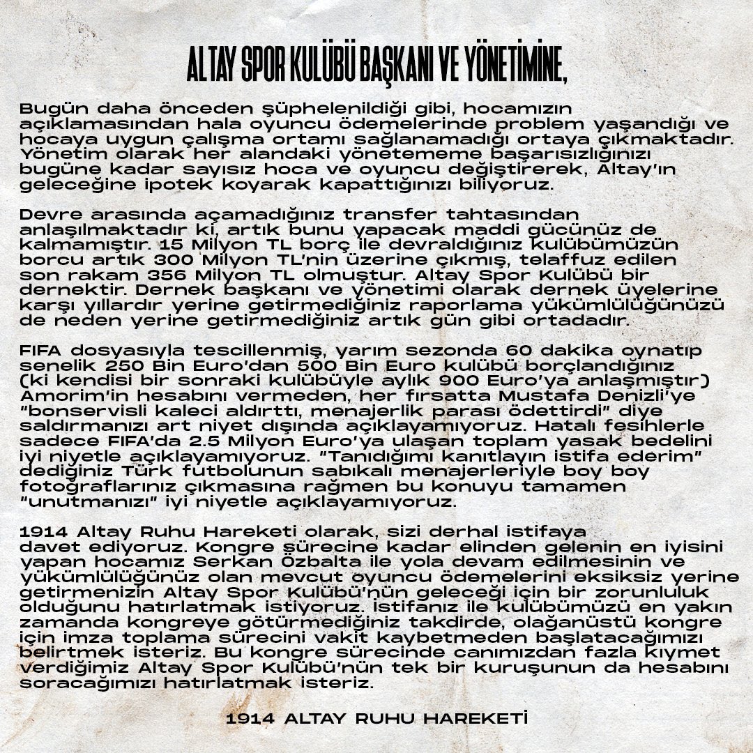 Altay Spor Kulübü Başkanı ve Yönetimine!