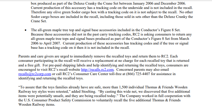 Tangent_Thomas's tweet photo. September 26, 2007 RC2 press release for the second wave of Thomas Wooden Railway lead paint recalls, detailing tracking codes for recalled products and steps taken to prevent future incidents. https://t.co/TT7AMMhySM
