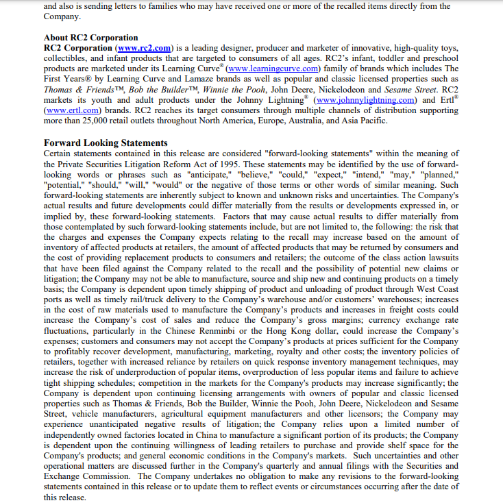 September 26, 2007 RC2 press release for the second wave of Thomas Wooden Railway lead paint recalls, detailing tracking codes for recalled products and steps taken to prevent future incidents.