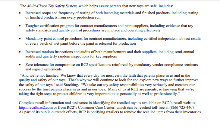 Tangent_Thomas's tweet photo. September 26, 2007 RC2 press release for the second wave of Thomas Wooden Railway lead paint recalls, detailing tracking codes for recalled products and steps taken to prevent future incidents. https://t.co/TT7AMMhySM