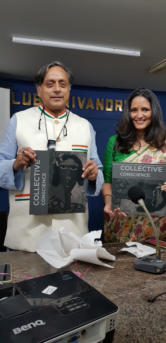 ShashiTharoor's tweet photo. Delighted to launch “Collective Conscience”, a book by artist ⁦@deepanath40⁩, at the Thiruvananthapuram PressClub &amp; to engage in conversation w/her on her work for orphans &amp;destitute children. ⁦@SobhaViswanath⁩ of ⁦@WeaversVillage⁩ presided &amp;gave me this jacket! https://t.co/tBkcPIhJr4