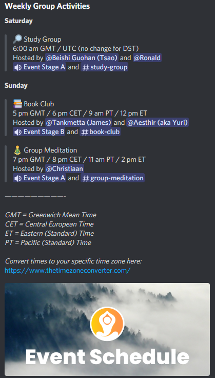 MeditationMind4's tweet photo. An overview of weekly group activities in our Discord community! Group meditations, study group and book club every week at these times. 

Join us here: https://t.co/AtSi1KPGQd

#meditation #mindfulness #bookclub #groupmeditation https://t.co/u5w8x5LBL9