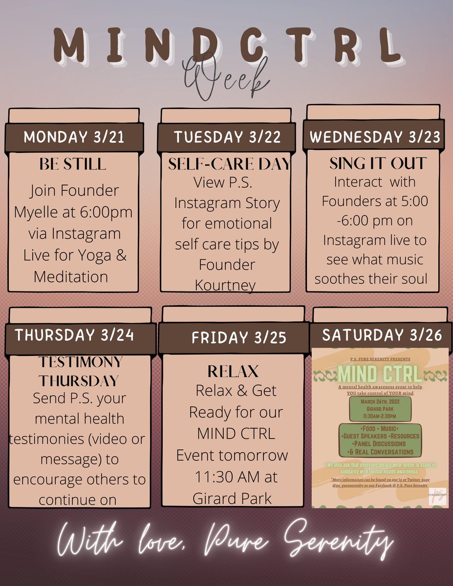 PS_PureSerenity's tweet photo. MIND CTRL WEEK IS HERE!🤎 
Each day is fill with events to get you ready for an awesome fellowship experience Saturday 3/26! https://t.co/1Z0pkxHxSG