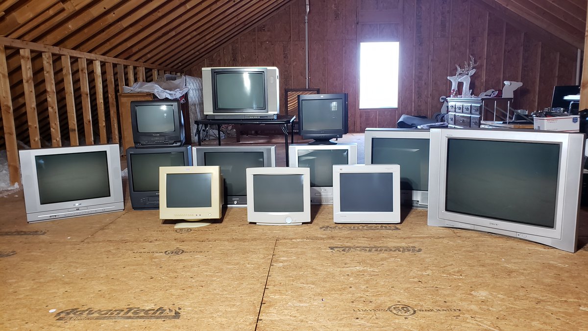 jhinson77's tweet photo. Hey @RetroRGB @benjedwards @gamespite @MyLifeInGaming @ECUProfessor @usa_retro I live in the Raleigh NC area, and I'm trying to save these CRTs from the landfill.  They are FREE, &amp; from my collection. My contact is in doc. Can you help me spread the word? https://t.co/Vt9cjlqC24