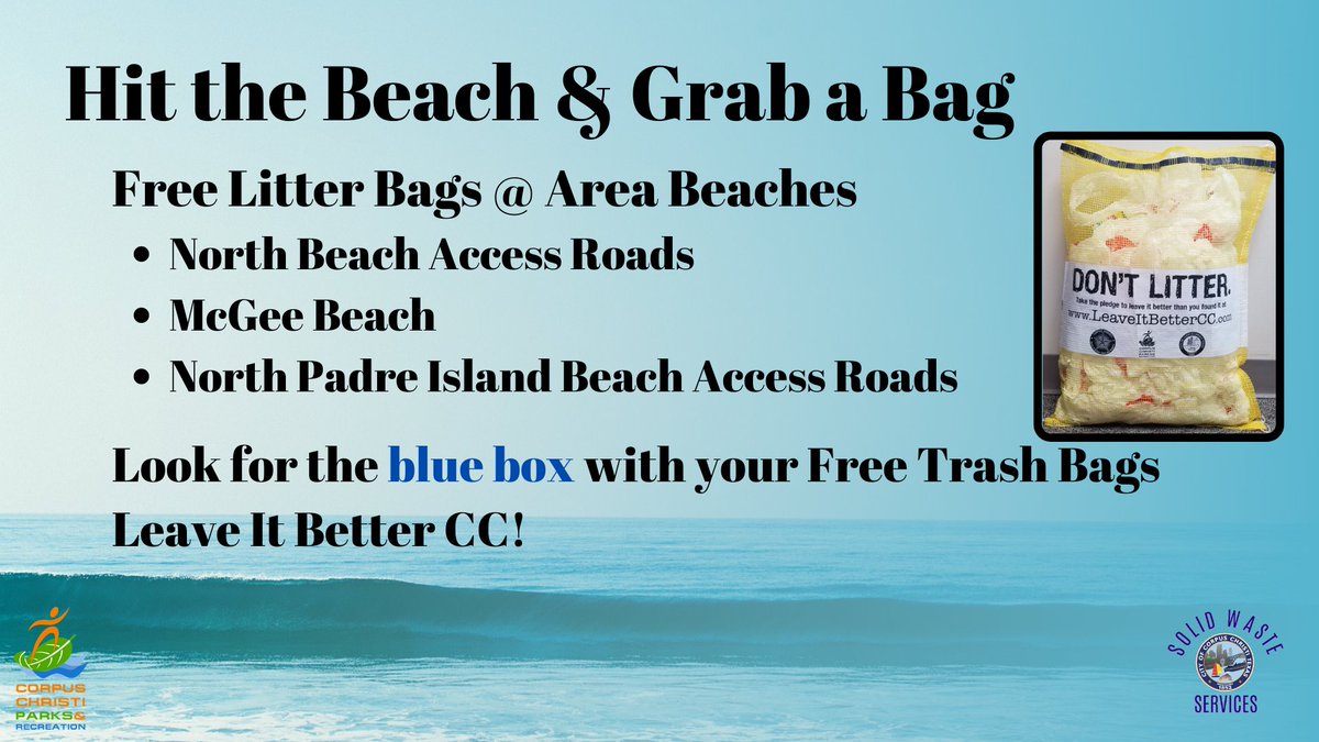 cityofcc's tweet photo. If you're headed to the beach this week, please help us keep our beaches clean. Be on the lookout for blue boxes at our beach entrances that contain free biodegradable trash bags. Dispose of trash properly. #SpringBreakCC #CCbeaches #CorpusChristi #DontMessWithTexas https://t.co/0H5b4BJqkW