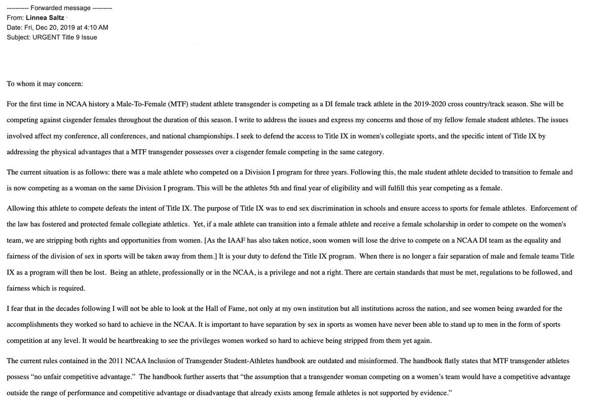 linneasaltz's tweet photo. In the spring of 2020 I raced a biological male in NCAA DI track and field. I laid out for the @NCAA exactly how unfair this was. But it is spring 2022 and we have seen no change… https://t.co/eD0CTW9qV6