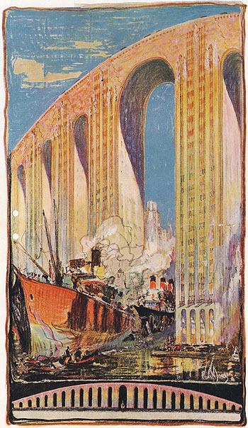 The "rainbow bridge" designed by Charles L. Morgan might be the craziest thing ever proposed in Chicago. Meant to carry Lake Shore Drive over the Chicago River, the pylons would've doubled as skyscrapers, with the tallest being 25 stories.