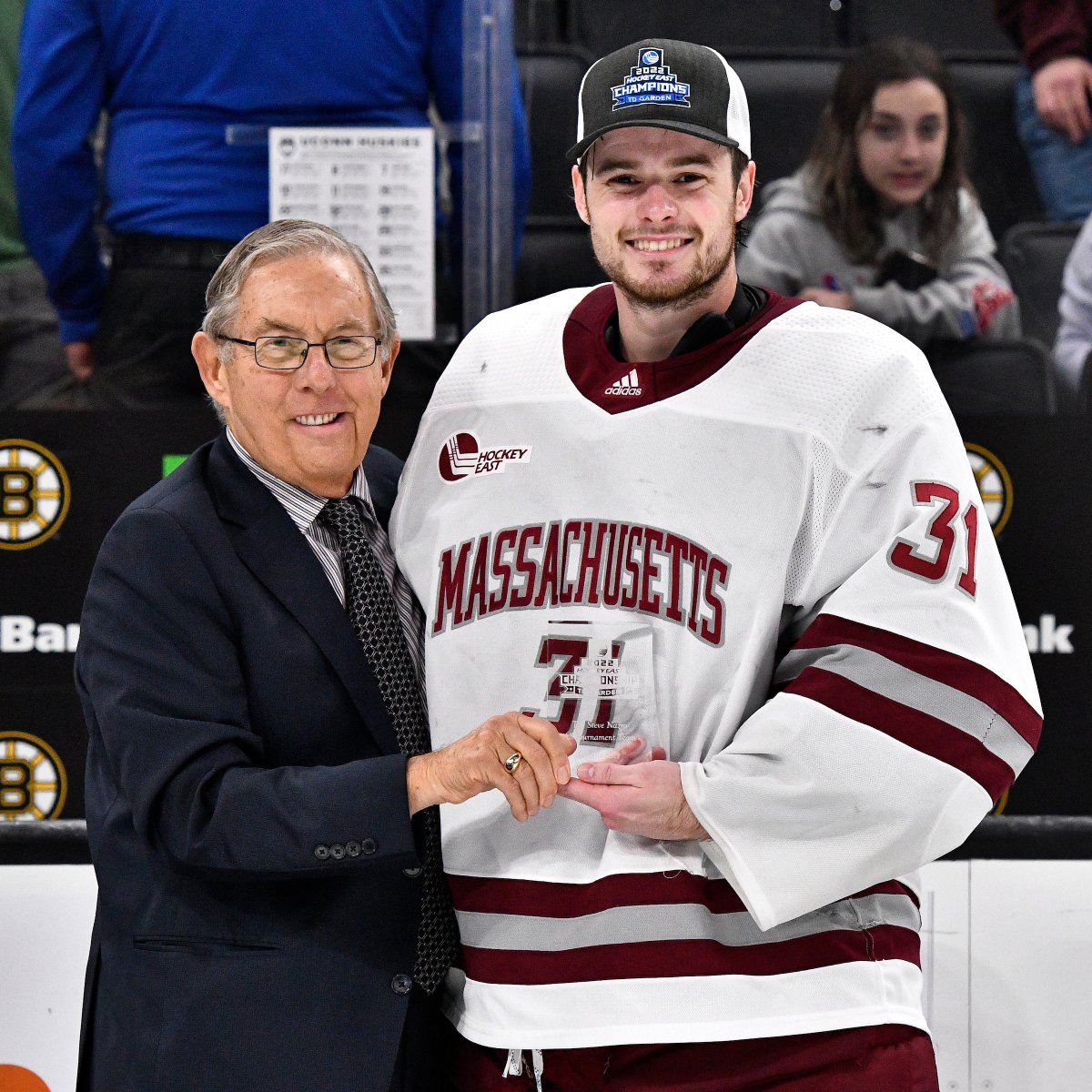 UMassHockey's tweet photo. Congratulations again to our @hockey_east All-Tournament Team selections. No surprise that four of our seniors led the way to the 🏆
G: @Mattmurray_31
D: @Colinfelix26
F: @BobbyTrivigno
F: @Gwait17
#NewMass X #Flagship 🚩 https://t.co/lIrM9IOb3T