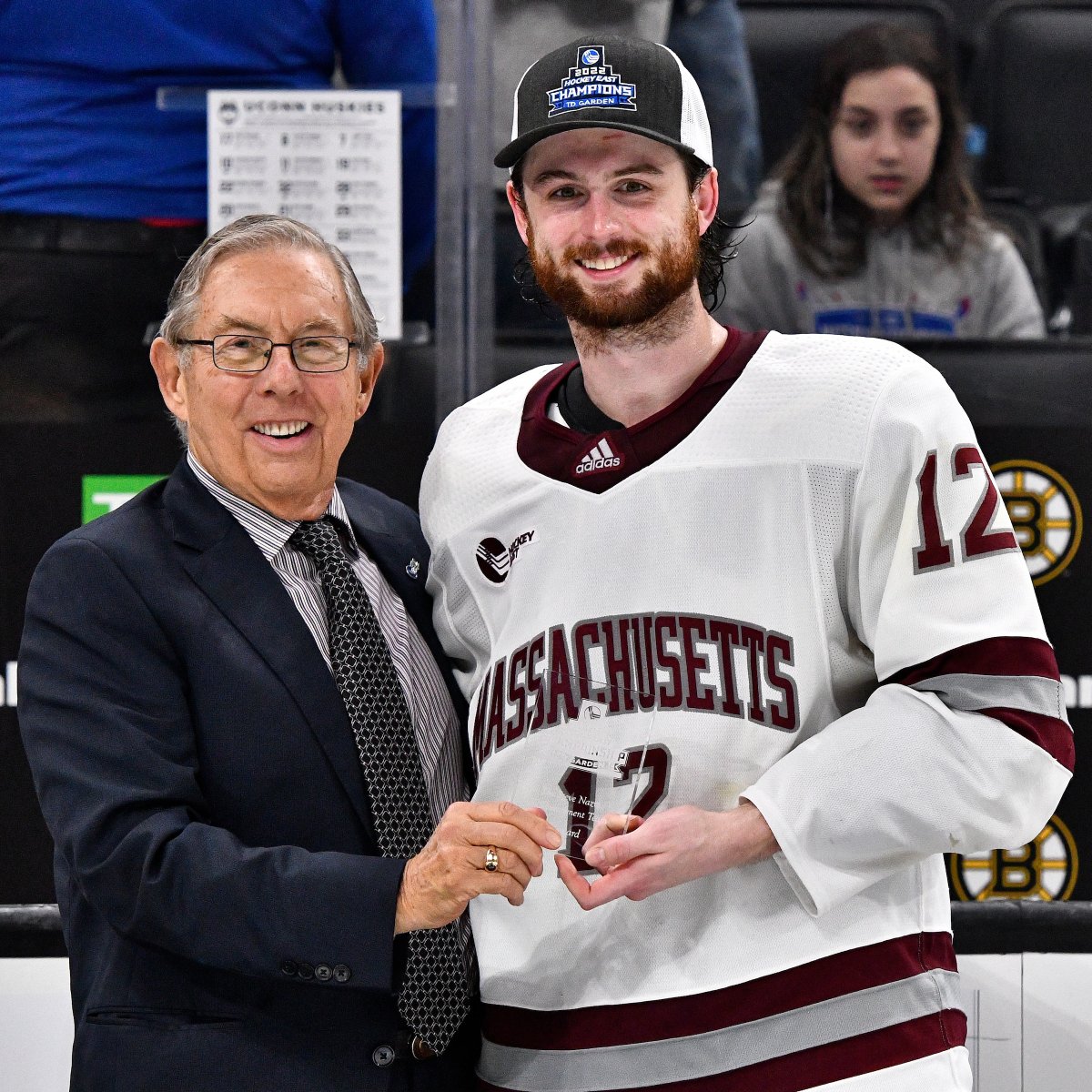 UMassHockey's tweet photo. Congratulations again to our @hockey_east All-Tournament Team selections. No surprise that four of our seniors led the way to the 🏆
G: @Mattmurray_31
D: @Colinfelix26
F: @BobbyTrivigno
F: @Gwait17
#NewMass X #Flagship 🚩 https://t.co/lIrM9IOb3T