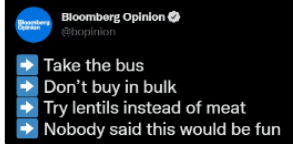 Its good to see the corporate media finally giving great advice to average Americans to deal with inflation...

Few more 
-Only flush every 3rd poo
-Only order water and bread at restaurants
-Wear the same underpants multiple days
-Suggest your wife makes an only fans

#wecare