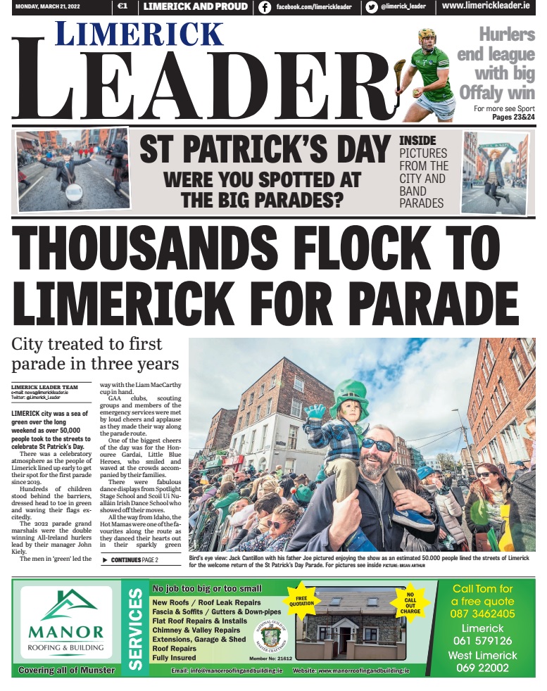 Limerick_Leader's tweet photo. Good morning Limerick! Following a fantastic bank holiday weekend, today's Limerick Leader ๐๏ธis packed with photos from the #StPatricksDay parade and yesterday's International Band Championship. On sale now for just โฌ1 in shops and online at https://t.co/C5sc7CF4OI #llstpatrick https://t.co/WILbOlEKq3