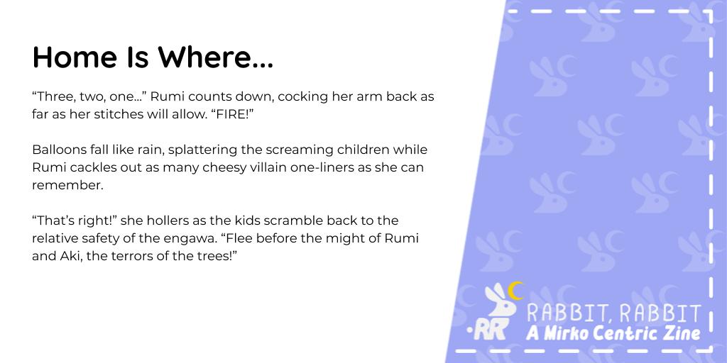 Our leftover sales are open for "Rabbit, Rabbit: A Miruko Zine"! Be sure to check out the store below 🤩💜

Also finally got to post my piece for the zine, which you can find here: archiveofourown.org/works/37857529

In which Rumi is on forced R&amp;R with her family after getting injured 👀
