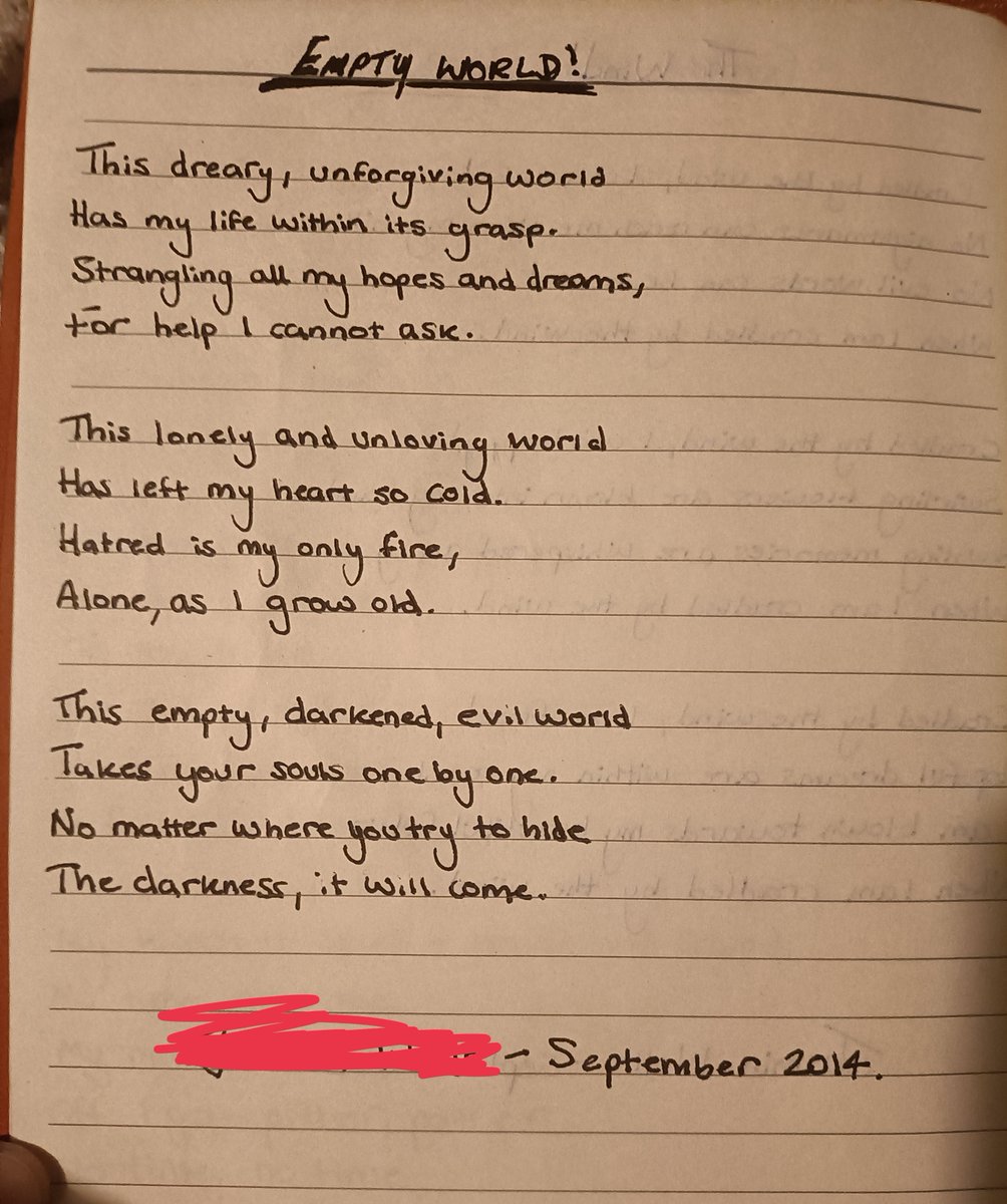 I have been looking through my old poems and will be posting a poem a day in chronological order of all my writings

Empty World

#poetry #mentalhealth #depression #PTSD #writingtherapy