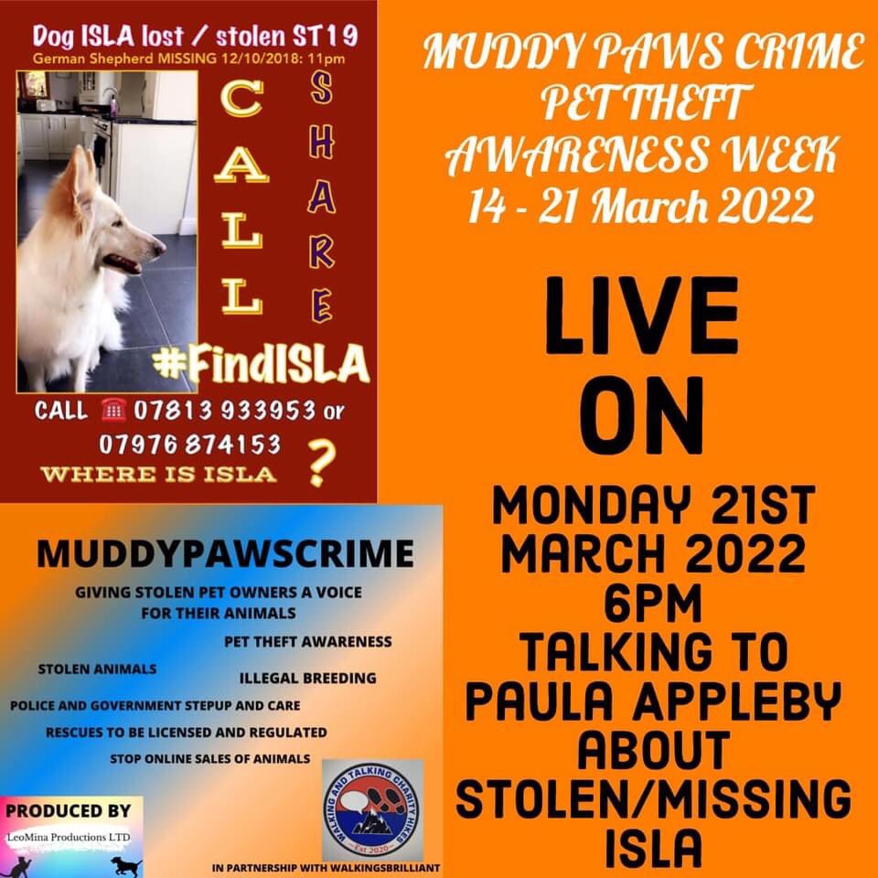 KarenFi51820768's tweet photo. #PetTheftAwarenessWeek Facebook Lives Schedule for 21St March 2022
🛑MONDAY
5PM - LISA O’CONNOR - Missing/Stolen Animals Ireland
6PM -PAULA APPELBY - Stolen/Missing DOG ISLA
7PM - ANGELA CASALE - Stolen dog ENZO
#FindEnzo #FindIsla
https://t.co/SLdIzvfI8b https://t.co/tf5LKtueqs