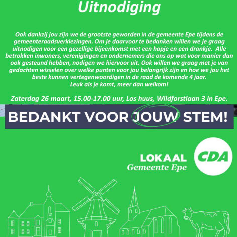 Jullie zijn allemaal uitgenodigd door Lokaal CDA gemeente Epe voor komende zaterdag! Dank je wel zeggen, terugblikken en vooral vooruit kijken. Los Huus, Wildforstlaan in Epe tussen 15.00 uur en 17.00 uur! Zie jullie graag! Erik Visser.