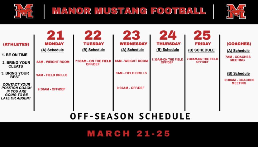 A few adjustments to our weekly Off-Season Football Weekly Calendar . Make sure we are on time and ready to go !!!  #LOCKEDIN <a href="/QuintenJoyner/">Quinten Joyner</a> <a href="/Coach_Keller/">James Keller</a> <a href="/JThomas2024/">Joshua Thomas</a> <a href="/DJShaw24_/">𝔻𝕪’𝕔𝕢𝕦𝕖𝕤 (𝔻𝕛) 𝕊𝕙𝕒𝕨</a> <a href="/TheDavid_J7/">David Jeffery</a> <a href="/lancebradley05/">lance bradley</a> <a href="/Devin_Scura/">Devin Scura</a> <a href="/Omar_Otero38/">Omar Otero</a> <a href="/Sean_Harris__/">✞</a> <a href="/hoodiiewill/">Princewill Umanmielen</a> <a href="/jaydencofield0/">Jayden Cofield</a>