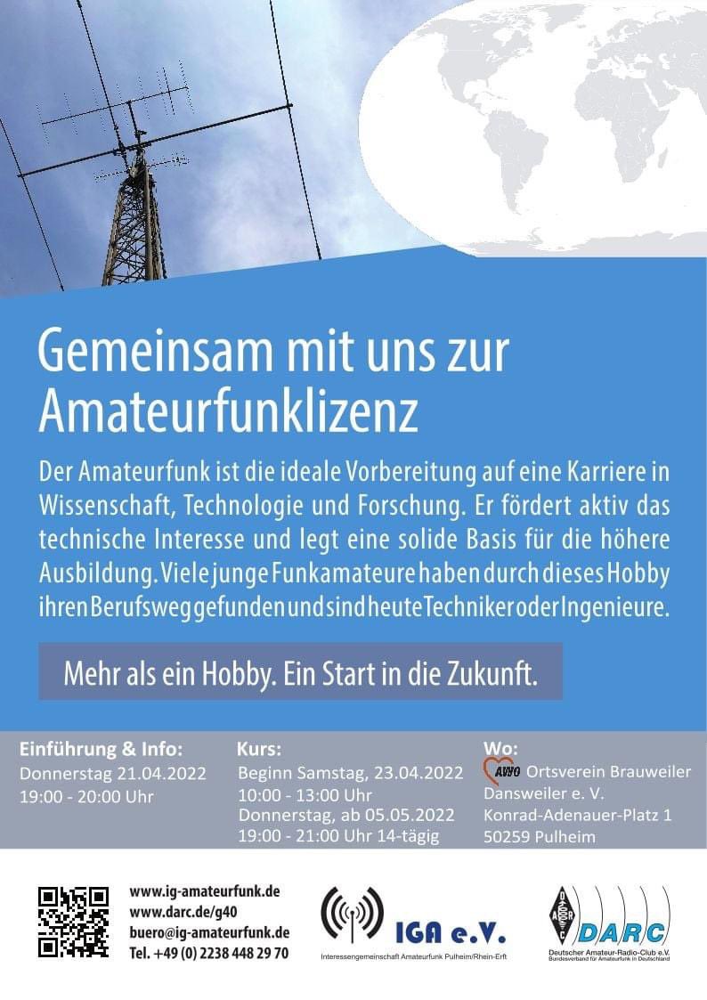 Es ist wieder soweit! Am 21.April startet unser neuer Ausbildungskurs zur Erlangung der Klasse E in Pulheim/ Rhein-Erft-Kreis.

Der Lehrgang ist wie immer kostenlos, aber garantiert nicht umsonst!
#hamradio #amateurfunk