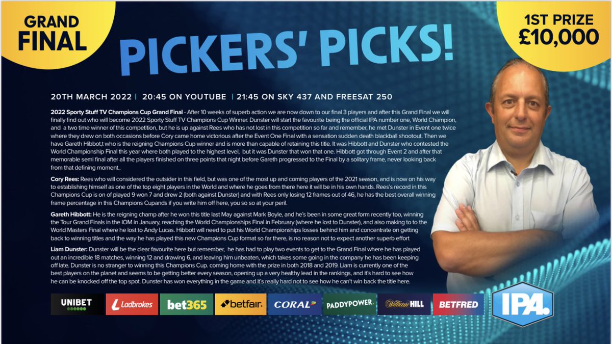 PickersPicks's tweet photo. It’s the Grand Final and tonight we will find out who will be crowned 2022 Sporty Stuff TV Champions Cup Champion

Here are my Pickers Picks

@IPAPool @tv_sporty @IPAChairman1 @GaryWiltshire16 @pickworth_marc https://t.co/TAXyPm4rrB
