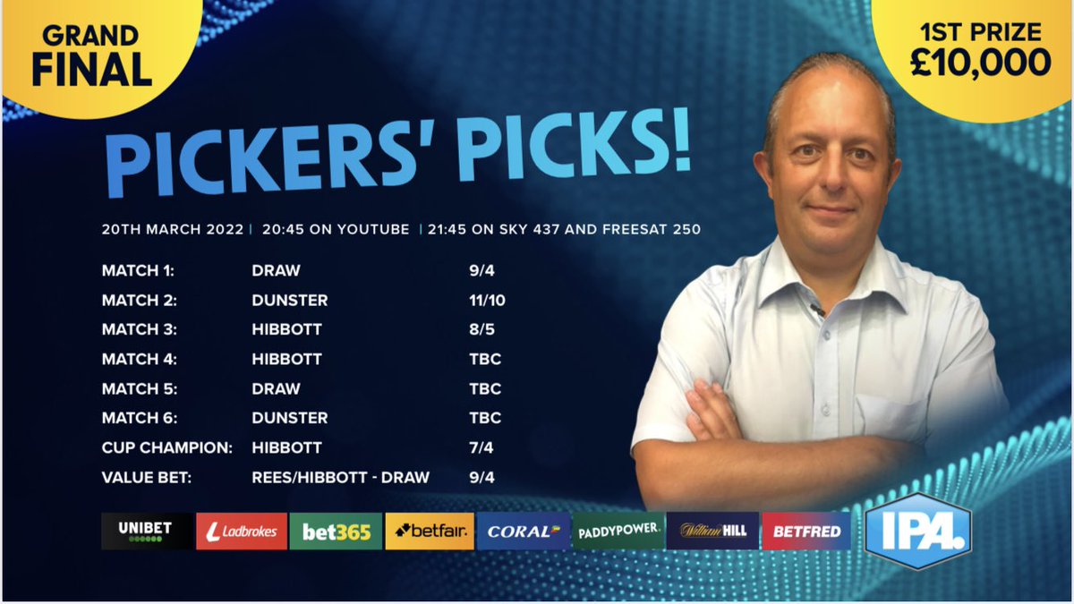 It’s the Grand Final and tonight we will find out who will be crowned 2022 Sporty Stuff TV Champions Cup Champion

Here are my Pickers Picks

<a href="/IPAPool/">IPA Pool 🎱</a> <a href="/tv_sporty/">SportyStuffTV</a> <a href="/IPAChairman1/">Kevin Barton</a> <a href="/GaryWiltshire16/">Gary Wiltshire</a> <a href="/pickworth_marc/">Marc pickworth</a>