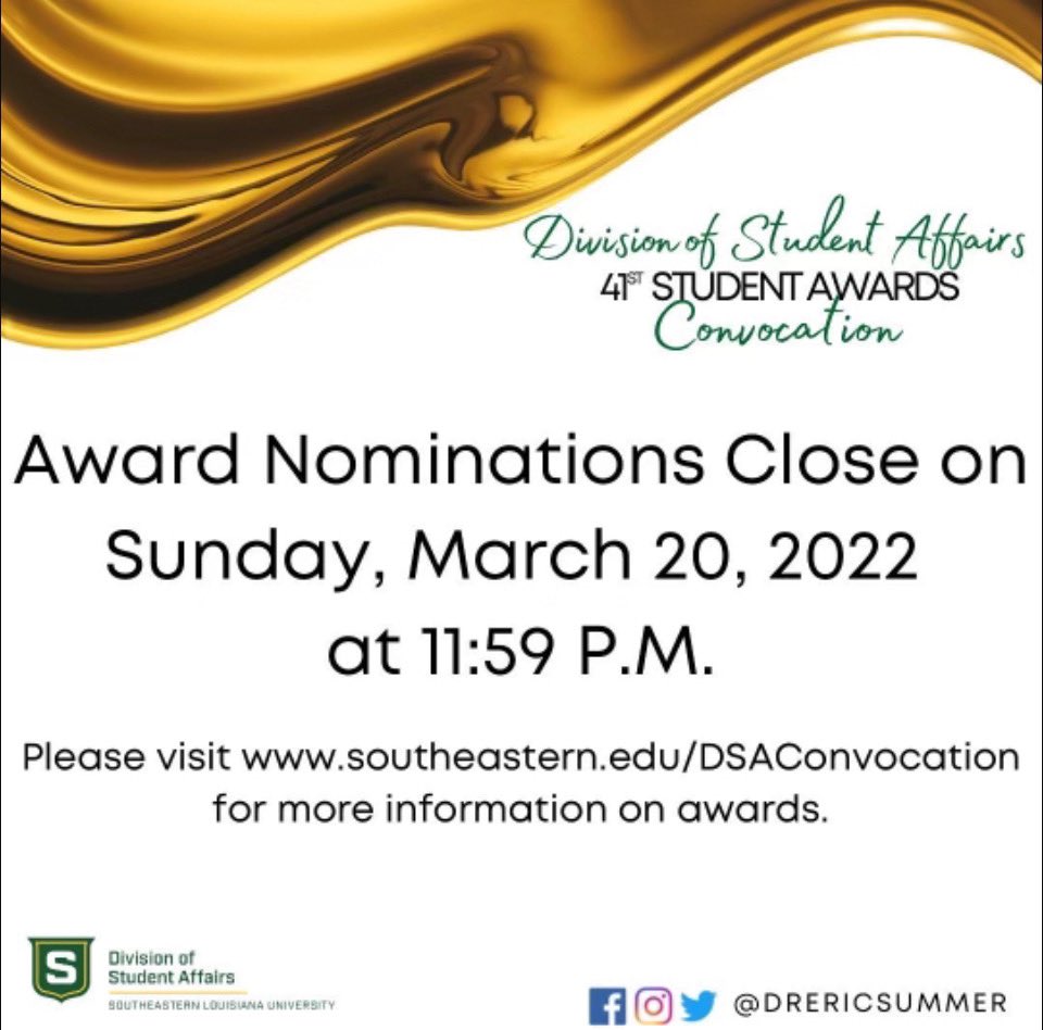 SoutheasternOSE's tweet photo. DSA Student Award Applications for the 41st DSA Student Awards Convocation are NOW OPENED!
Visit https://t.co/8c7bHc4G3L for applications, criteria, and FAQs.
If you have any questions please let us know by emailing ose@southeastern.edu.ย ย
#wearedsa @drericsummers https://t.co/5PQy7i3Svd