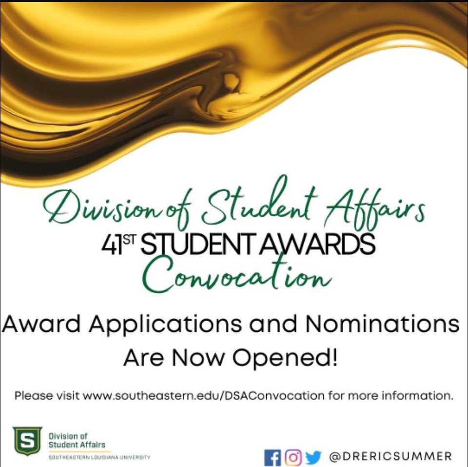 SoutheasternOSE's tweet photo. DSA Student Award Applications for the 41st DSA Student Awards Convocation are NOW OPENED!
Visit https://t.co/8c7bHc4G3L for applications, criteria, and FAQs.
If you have any questions please let us know by emailing ose@southeastern.edu.ย ย
#wearedsa @drericsummers https://t.co/5PQy7i3Svd