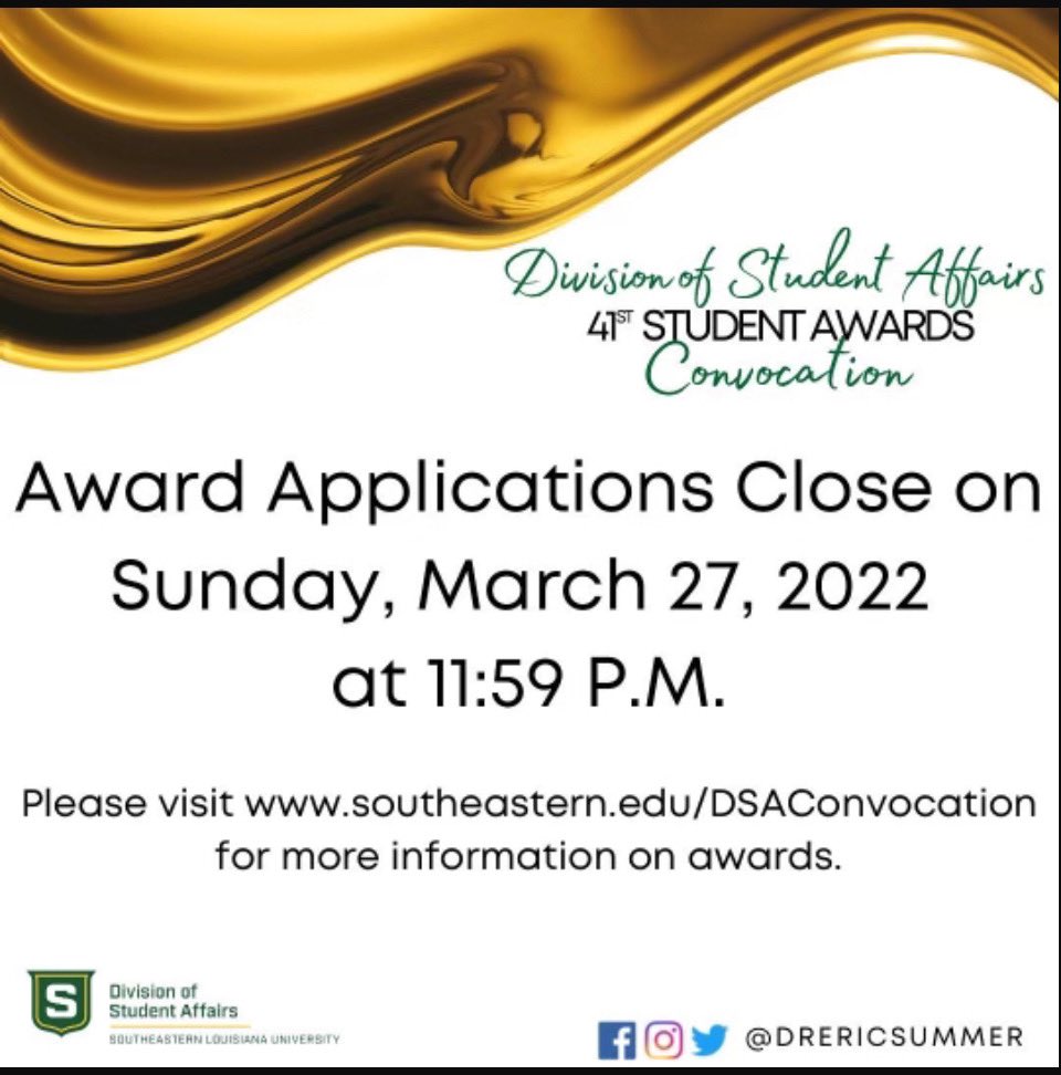 SoutheasternOSE's tweet photo. DSA Student Award Applications for the 41st DSA Student Awards Convocation are NOW OPENED!
Visit https://t.co/8c7bHc4G3L for applications, criteria, and FAQs.
If you have any questions please let us know by emailing ose@southeastern.edu.ย ย
#wearedsa @drericsummers https://t.co/5PQy7i3Svd