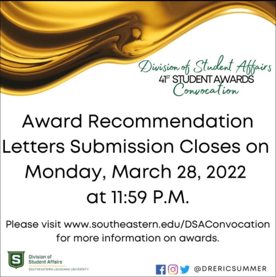 SoutheasternOSE's tweet photo. DSA Student Award Applications for the 41st DSA Student Awards Convocation are NOW OPENED!
Visit https://t.co/8c7bHc4G3L for applications, criteria, and FAQs.
If you have any questions please let us know by emailing ose@southeastern.edu.ย ย
#wearedsa @drericsummers https://t.co/5PQy7i3Svd