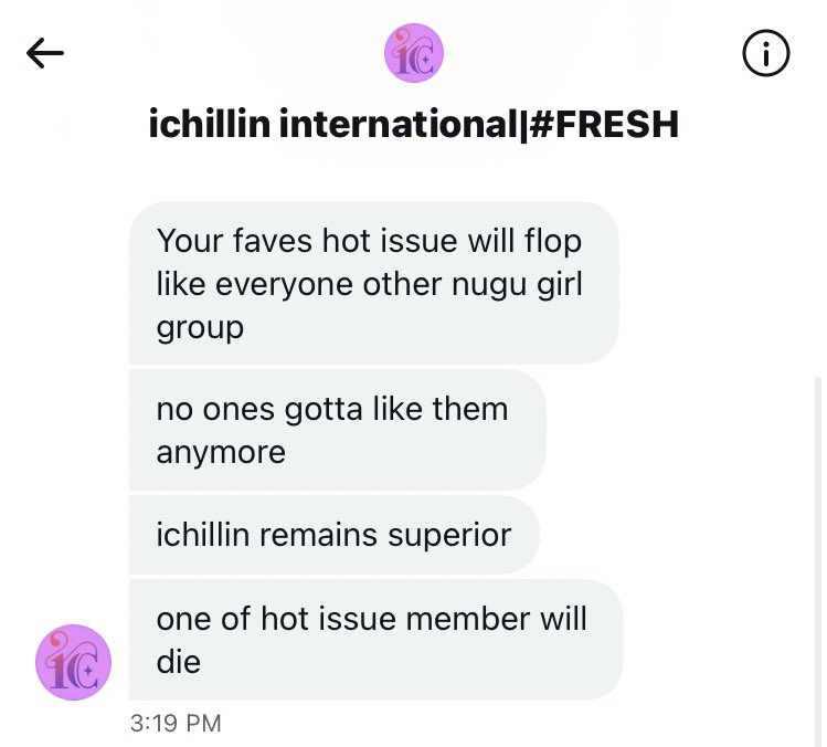 saotyans's tweet photo. hey if u follow @Ichillinfanbase pls just unfollow they r harassing me n my friends and said h0t issue members should die https://t.co/QYTYzSKDRT