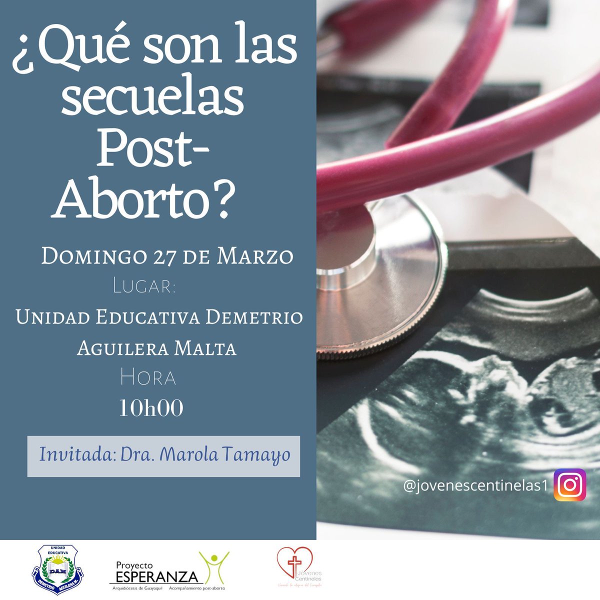 Charla “En defensa de la Vida” 
¿Qué son las secuelas post-Aborto?
🗓 Domingo 27 de Marzo 
📌 UE Demetrio Aguilera Malta (Durán-El Recreo, quinta etapa diagonal a la línea del tren)
⏰ 10h00 
Invitada: Dra. Marola Tamayo (Provida)  #EcuadorEsProvida
<a href="/jesustoala7/">JesusLens</a>
No faltes ✊🏽