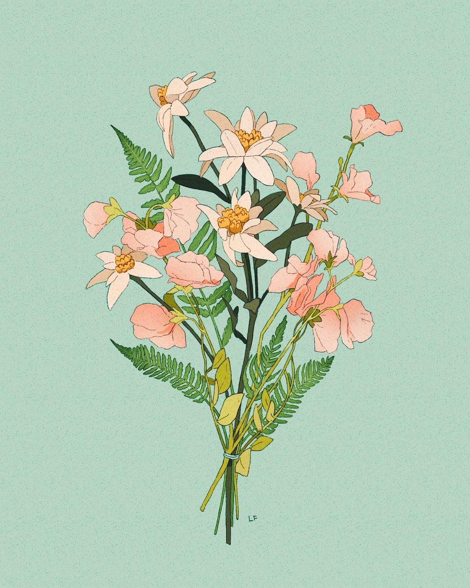 LibbyFrame's tweet image. Silver fern, sweet pea, and edelweiss commish
