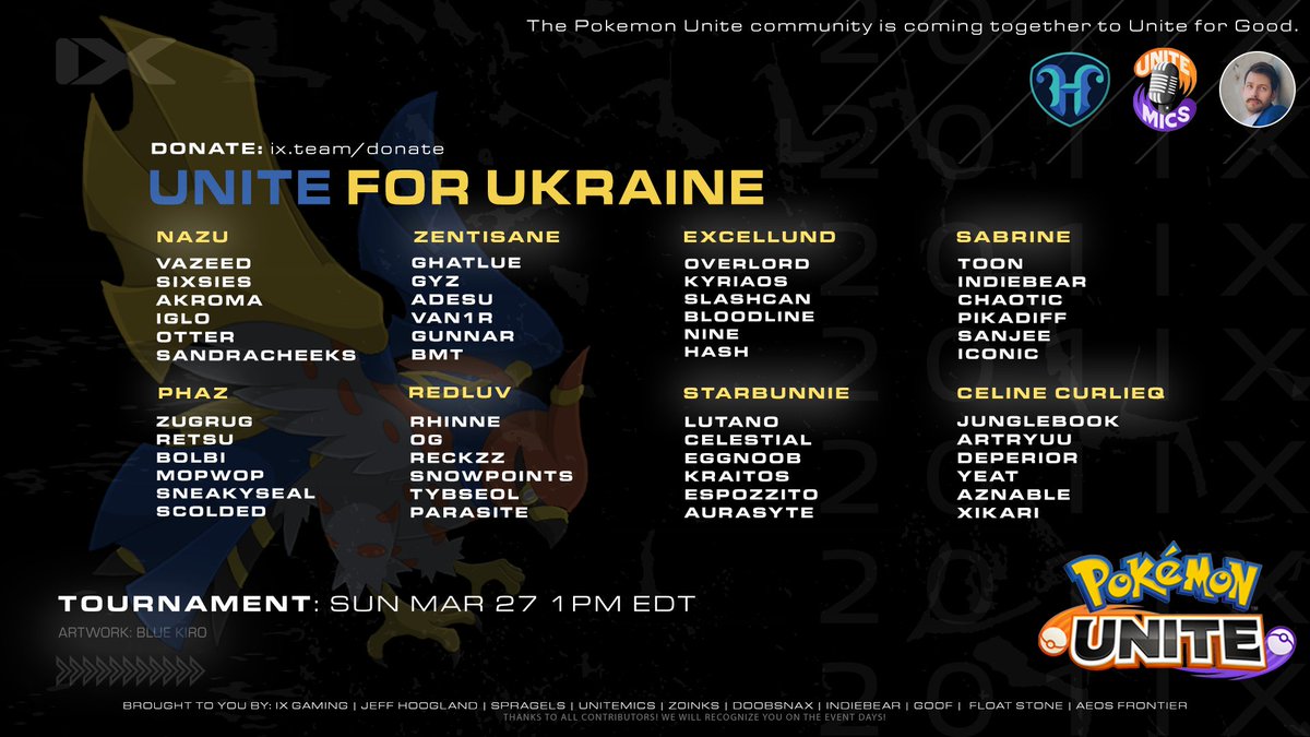 IXgaming_'s tweet photo. The @PokemonUnite community raised $3800 ($7600 with matching) to Unite for Ukraine in today's draft.

Here are the 8 teams that will be competing next Sunday. We hope this exhibition will create awareness and opportunities for us to help bring positive change to the world. https://t.co/kq0l6rhCly