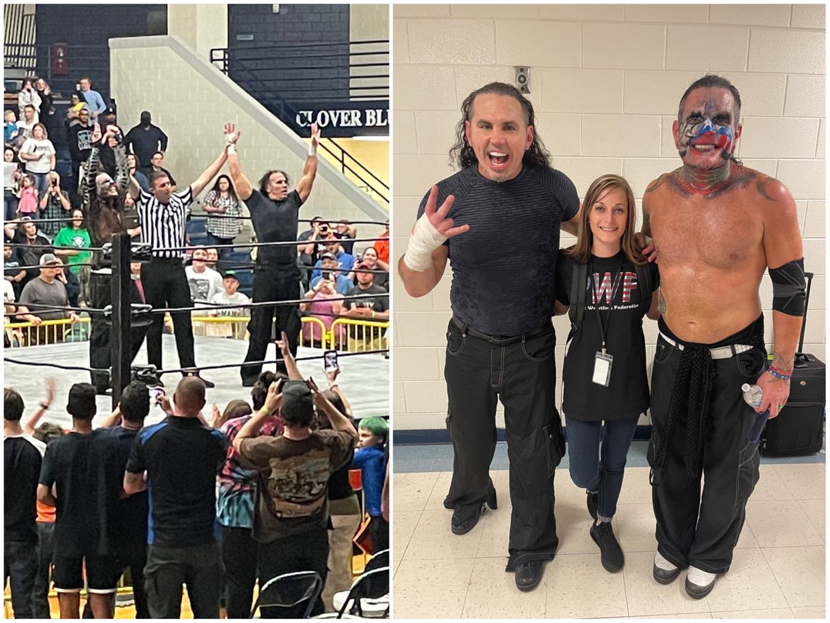 MATTHARDYBRAND's tweet photo. Thanks for a lovely event yesterday, Clover, SC. Jeff &amp; I appreciate everyone who waited in line 4 hours to meet &amp; greet us. Was thrilled to learn PWF shattered their previous record gate. Enjoyed the match against Garrison &amp; Kross, hopefully the 1600 in attendance did too! https://t.co/pwIkWyndy0