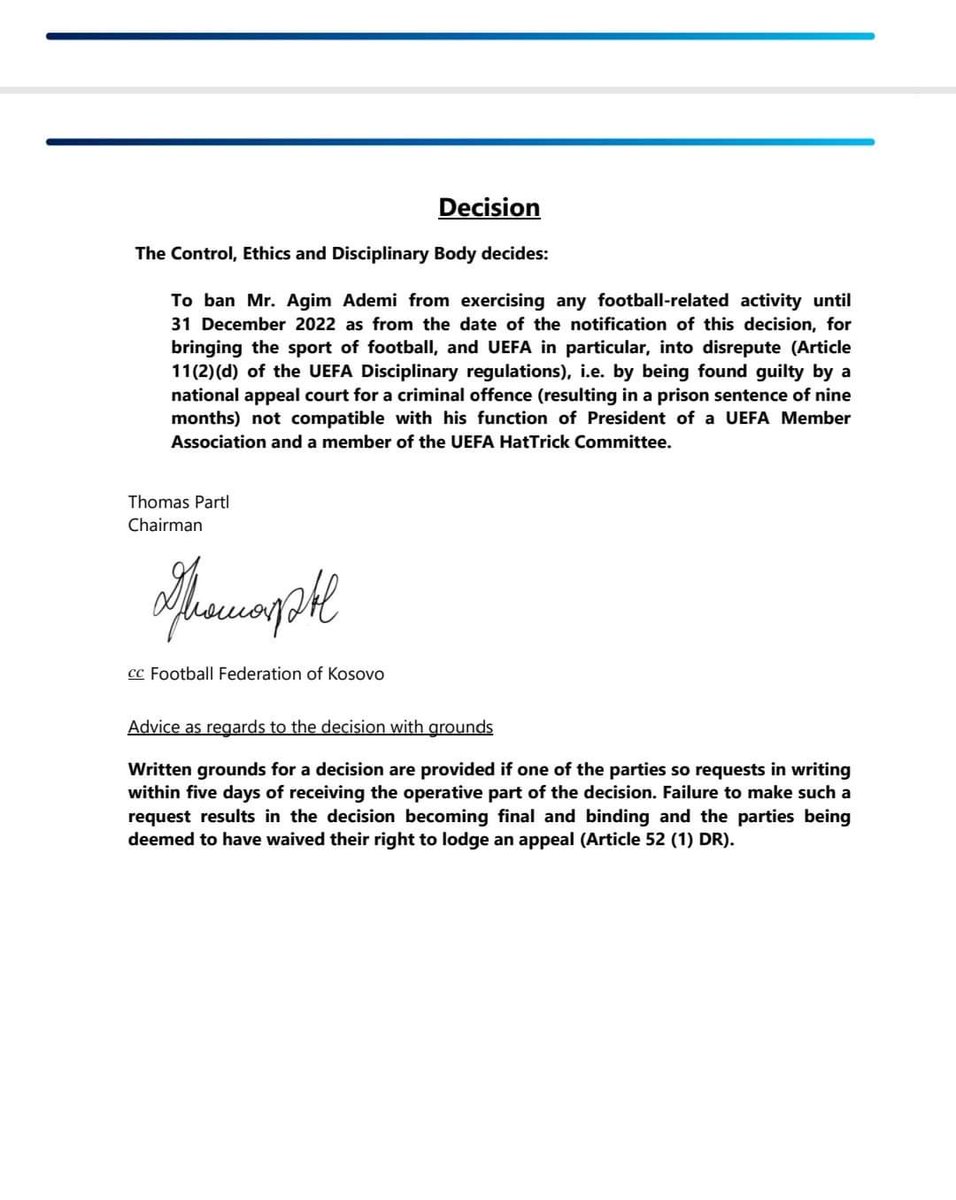 kosovanfooty_EN's tweet photo. 'UEFA's decision to ban Agim Ademi from exercising any football related activity until the end of 2022.'

This may have terrible implications we are afraid. https://t.co/KODstSeAL0