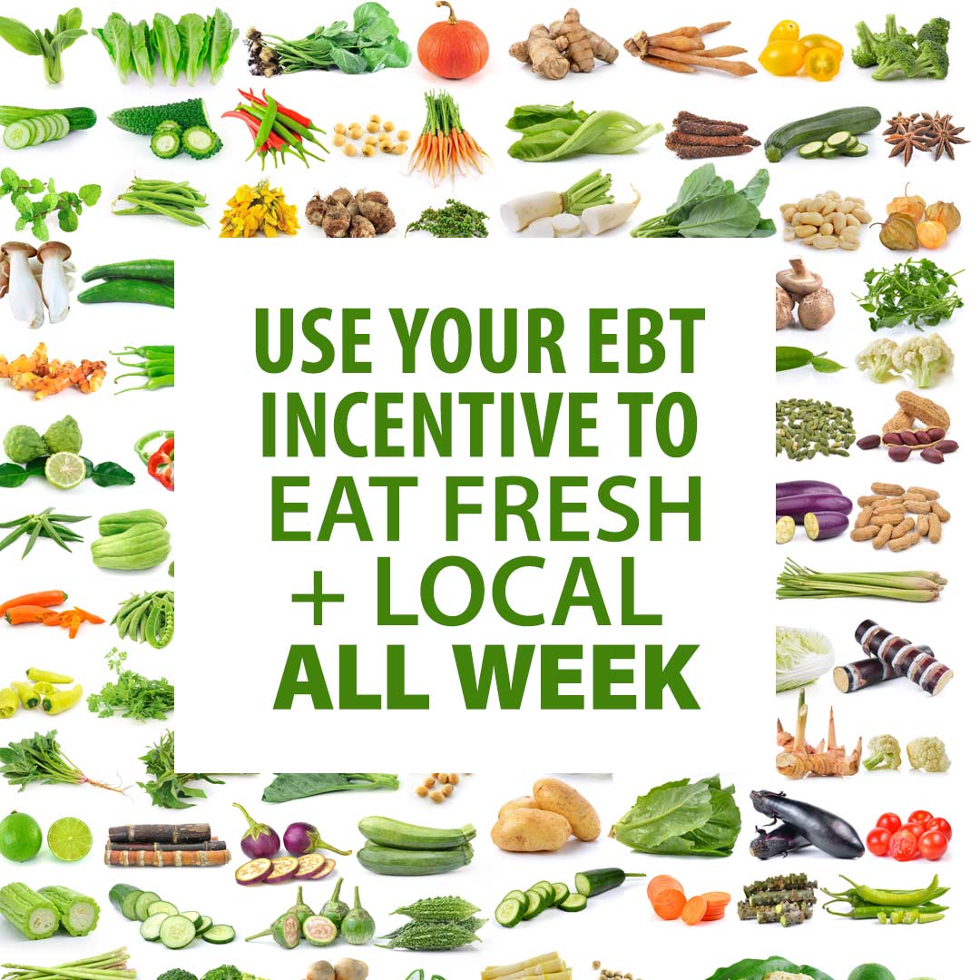 We match SNAP/EBT dollars — dollar for dollar.  When you spend $10, you get $10 for free to spend on fresh, local fruits and vegetables. Just show up, swipe your card, &amp; shop for fresh food. Starting April 11. Every Monday.