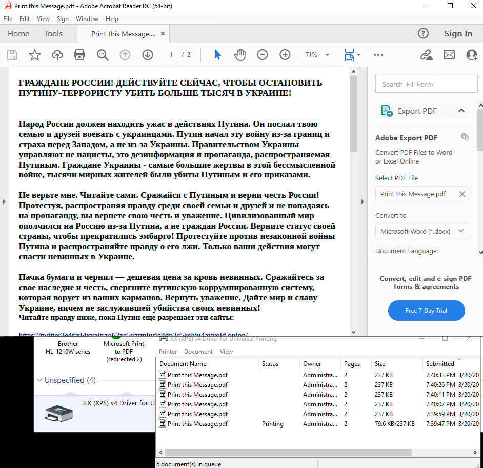 DepaixPorteur's tweet photo. We are #Anonymous 

We have been printing anti-propoganda and tor installation instructions to printers all over #Russia for 2 hours, and printed 100,000+ copies so far. 15 people working on this op as we speak.

#OpRussia #OpUkraine #ASS #ASSHAT #OpRedScare #AnonOps https://t.co/szNnalaG0R
