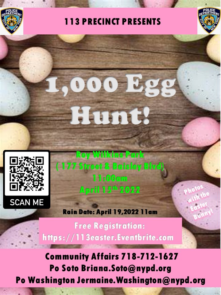NYPD113Pct's tweet photo. Join us in our 1000 Egg Easter Egg Hunt! #EASTER2022 #PBQSCommunityAffairs #113PRECINCT https://t.co/TyPeMtIgHF